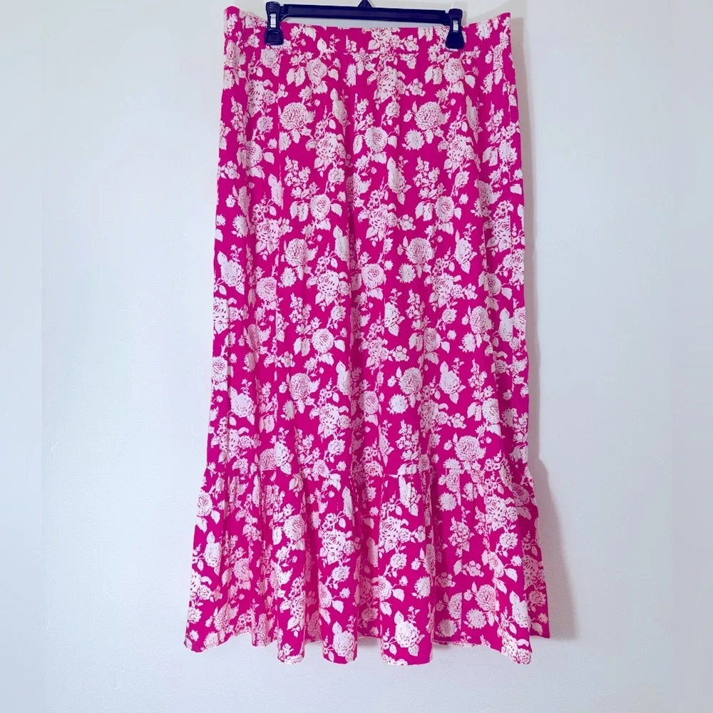 Anupa tiered 100% cotton pull on floral pink white midi skirt size XL NWT - Picture 11 of 14
